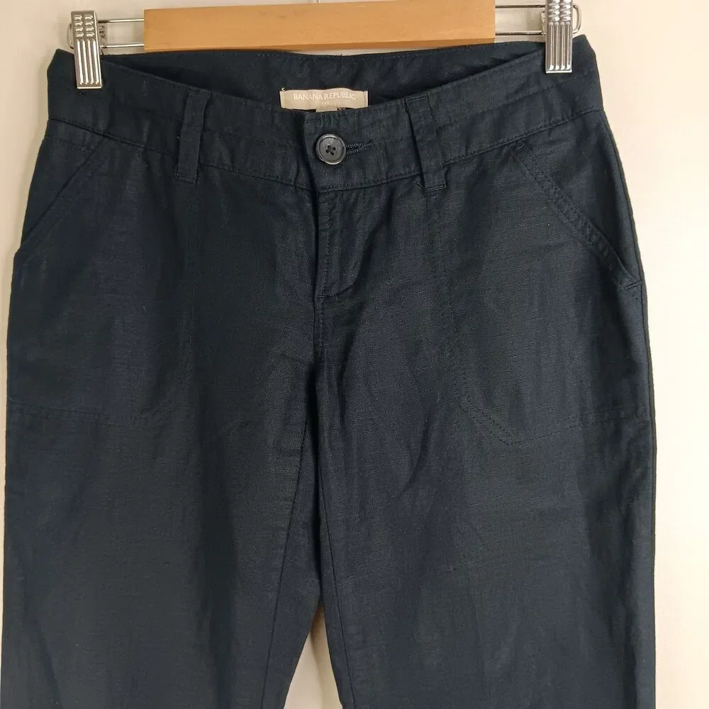 Banana Republic Pants Women's Size 0 Petite Linen Blend Straight Leg Navy Travel